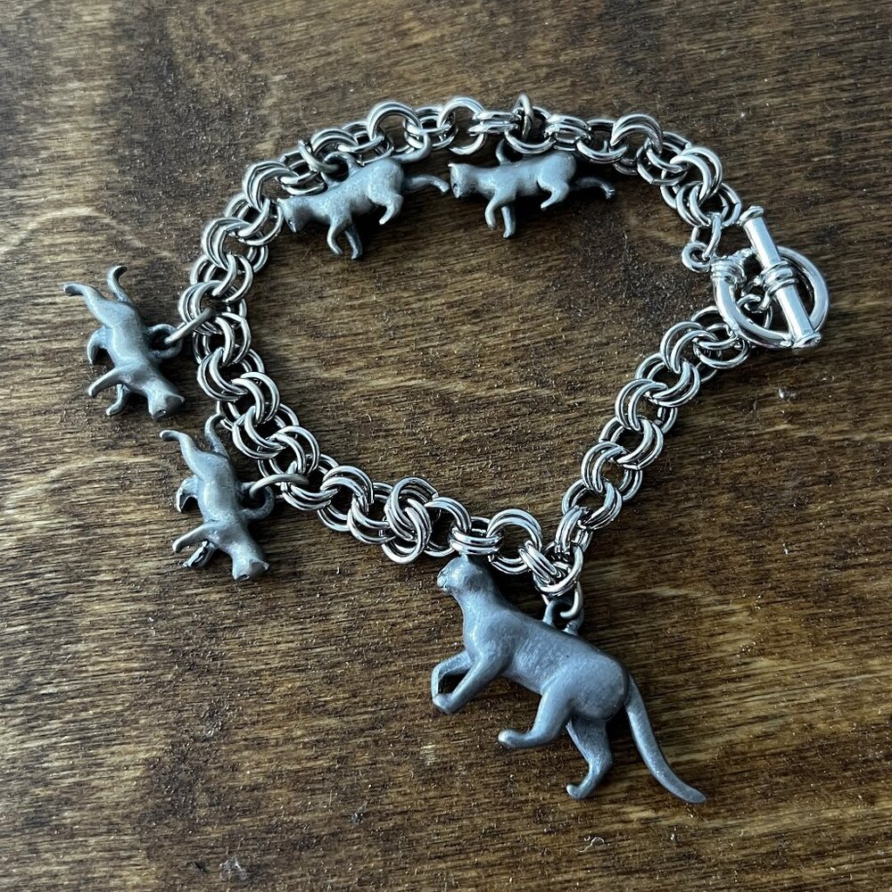 Double Ring Silver Chain Bracelet with 5 Cat Charms